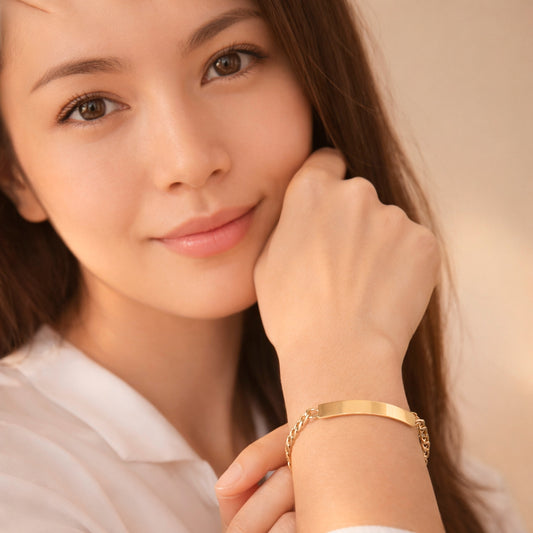 Mujer | Esclava Tejido Barbada Cubana Lisa 4 mm, Pulsera Para Mujer, De Plata Autentica Ley .925 Con Baño De Oro Italiano 24k, Con Grabado, DUO DELUXE JOYAS