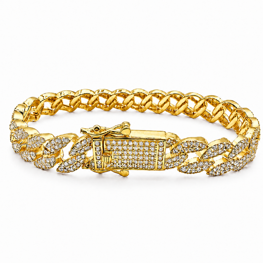 Unisex | Pulso Pulsera Tejido Barbada Cubana Diamantada Con Zirconias 10 mm, Esclava Para Hombre Y Mujer De Plata Autentica Ley .925 Con Baño De Oro Italiano 24k, DUO DELUXE JOYAS