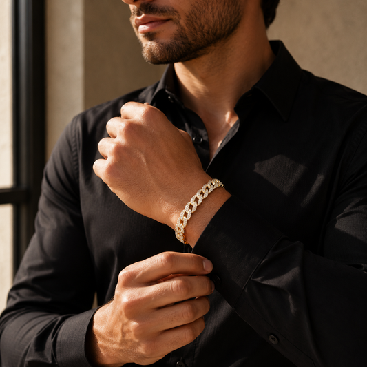 Unisex | Pulso Pulsera Tejido Barbada Cubana Diamantada Con Zirconias 10 mm, Esclava Para Hombre Y Mujer De Plata Autentica Ley .925 Con Baño De Oro Italiano 24k, DUO DELUXE JOYAS