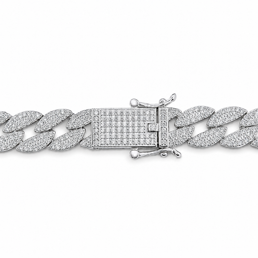 Unisex | Collar Cadena Tejido Barbada Cubana Diamantada Con Zirconias - 10 mm x 45 cm, Para Hombre Y Mujer, De Plata Autentica Ley .925, DUO DELUXE JOYAS