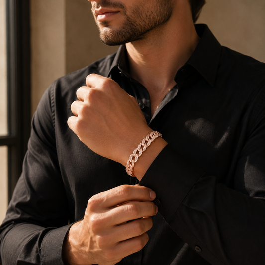 Unisex | Pulso Pulsera Tejido Barbada Cubana Diamantada Con Zirconias 10 mm, Esclava Para Hombre Y Mujer De Plata Autentica Ley .925 Con Baño De Oro Rosa, DUO DELUXE JOYAS