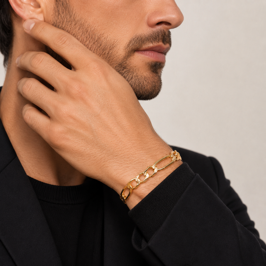 Unisex | Pulso Pulsera Tejido Figaro 3:1 Diamantada 7 mm, Esclava Para Hombre Y Mujer De Plata Autentica Ley .925 Con Baño De Oro Italiano 24k, DUO DELUXE JOYAS