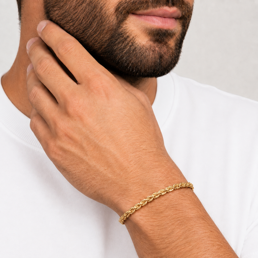 Unisex | Pulso Pulsera Tejido Torzal Relleno 4 mm, Esclava Para Hombre Y Mujer De Plata Autentica Ley .925 Con Baño De Oro Italiano 24k, DUO DELUXE JOYAS