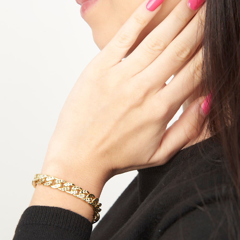 Unisex | Pulsera Tejido Barbada HM Diamantado 8 mm – Plata Con Baño De Oro Italiano 24k