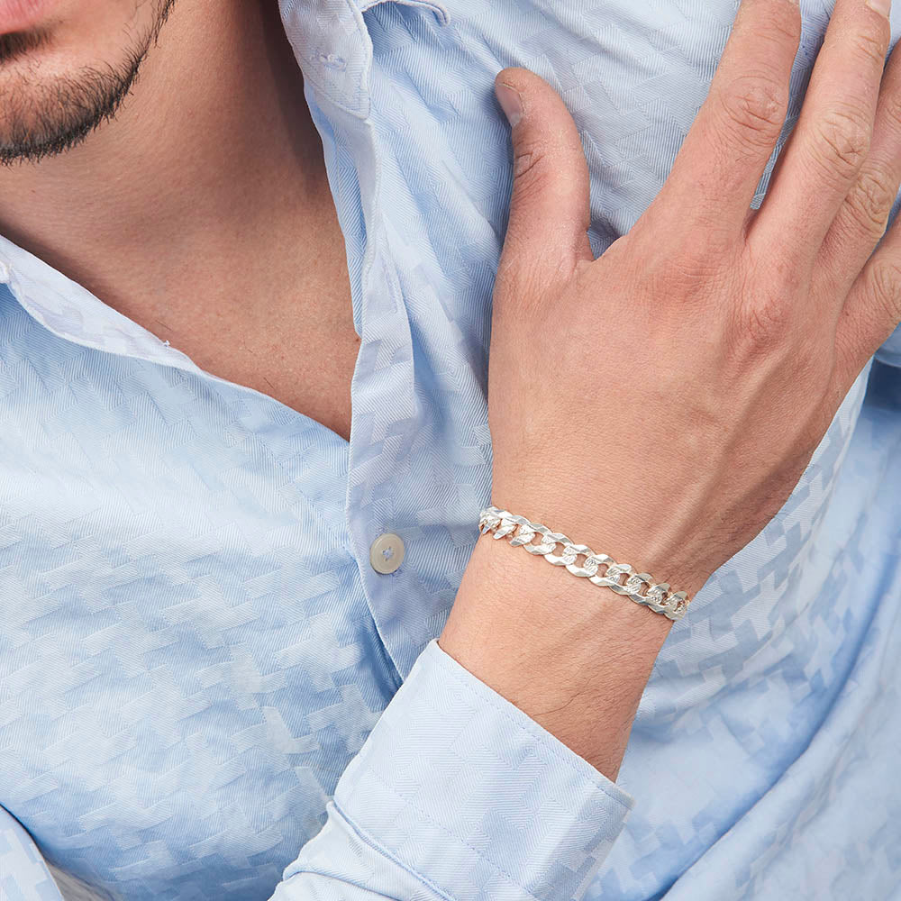 Unisex | Pulsera Tejido Barbada Cerrado Diamantado 8 mm – Plata Ley .925