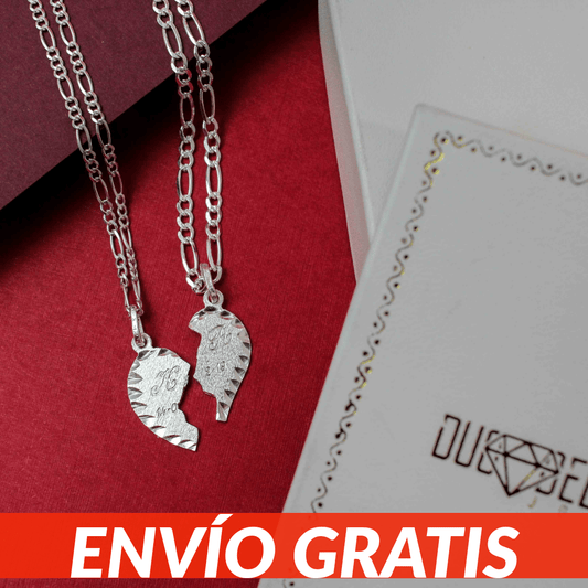Parejas | Duo Collares Con Dijes De Corazon Personalizados Con Grabado, Para Parejas, De Plata Autentica Ley.925 DUO DELUXE JOYAS