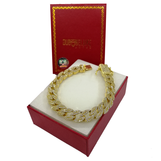 Unisex | Pulsera Tejido Barbada Cubano Diamantada Con Zirconias -  10 mm – Plata Con Baño De Oro Italiano 24k