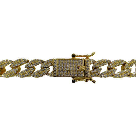 Unisex | Pulsera Tejido Barbada Cubano Diamantada Con Zirconias -  10 mm – Plata Con Baño De Oro Italiano 24k