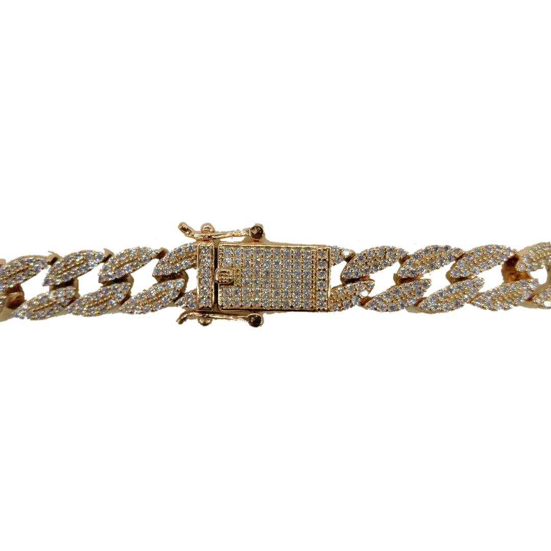Unisex | Pulsera Tejido Barbada Cubano Diamantada Con Zirconias - 10 mm – Plata Con Baño De Oro Rosado