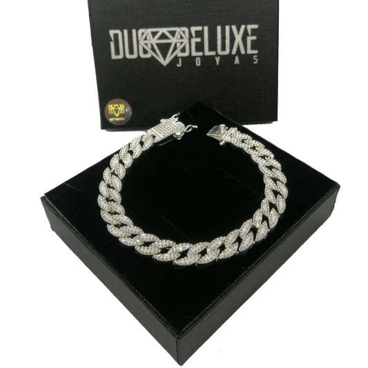 Unisex | Pulsera Tejido Barbada Cubana Diamantada Con Zirconias - 10 mm – Plata Ley .925