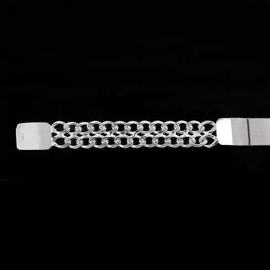 Unisex | Esclava Tejido Barbada Cubana Diamantada Doble Eslabón 13 mm, Pulsera Para Hombre Y Mujer, De Plata Autentica Ley .925, Con Grabado, DUO DELUXE JOYAS
