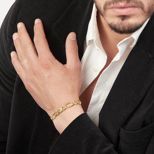 Unisex | Pulso Pulsera Tejido Figaro 3:1 Diamantada 7 mm, Esclava Para Hombre Y Mujer De Plata Autentica Ley .925 Con Baño De Oro Italiano 24k, DUO DELUXE JOYAS