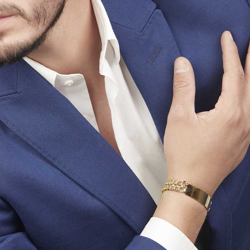 Hombre | Esclava Tejido Barbada Diamantada Doble - 13 mm – Plata Con Baño De Oro 24k