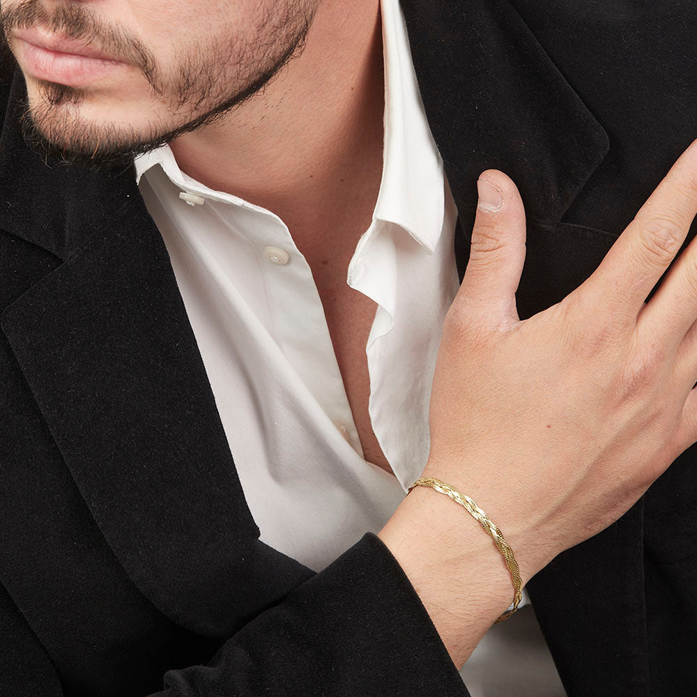 Unisex | Pulsera Tejido Trenzado Triple - 5 mm – Plata Con Baño De Oro Italiano 24k