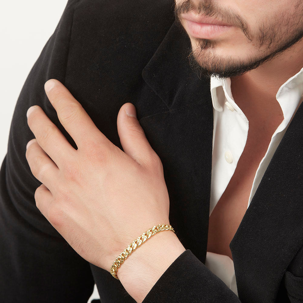 Unisex | Pulsera Tejido Barbada HM Diamantado 8 mm – Plata Con Baño De Oro Italiano 24k