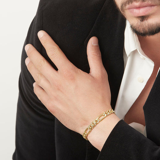 Unisex | Pulso Pulsera Tejido Figaro 3:1 Diamantada 8 mm, Esclava Para Hombre Y Mujer De Plata Autentica Ley .925 Con Baño De Oro Italiano 24k, DUO DELUXE JOYAS