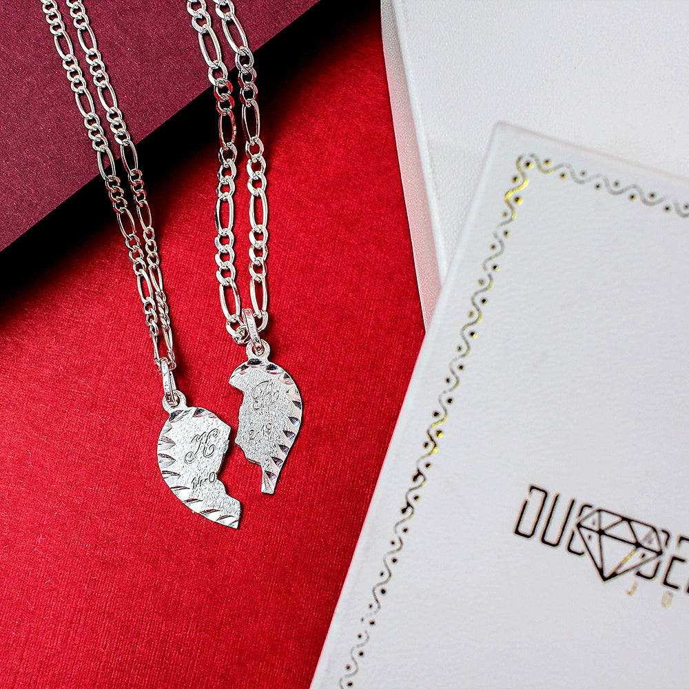 Parejas | Duo Collares Con Dijes De Corazon Personalizados Con Grabado, Para Parejas, De Plata Autentica Ley.925 DUO DELUXE JOYAS