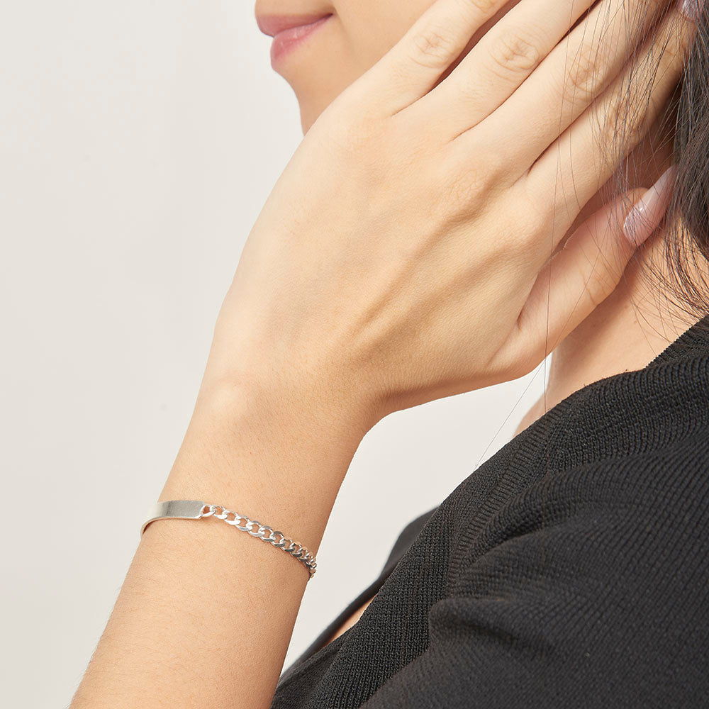 Parejas | Duo De Esclavas Tejido Barbada Cubana Lisa Para Parejas, De Plata Autentica Ley .925, Con Grabado, DUO DELUXE JOYAS