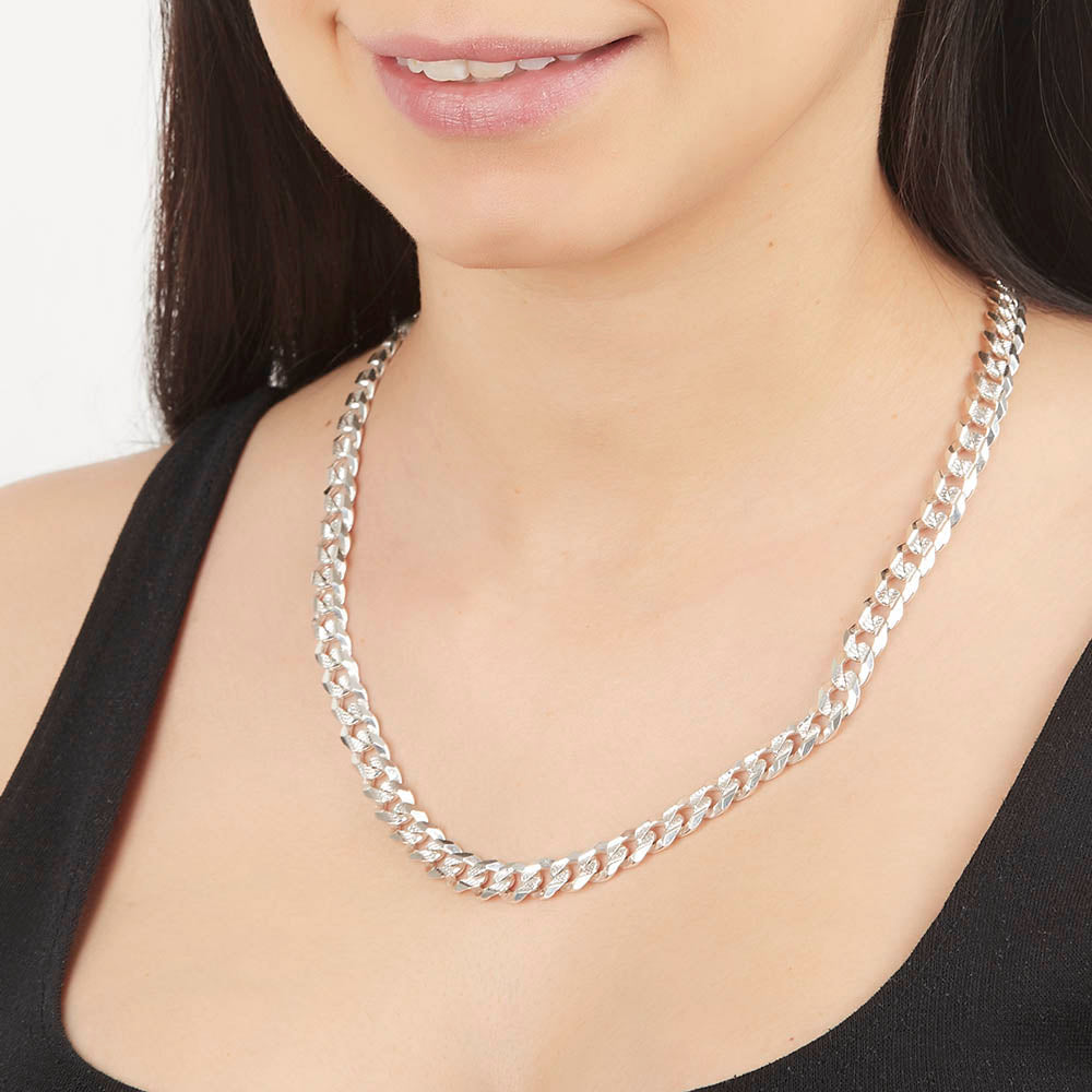 Unisex | Cadena Tejido Barbada Cubana Diamantada - 8 mm x 50 cm, Collar Para Hombre Y Mujer, De Plata Autentica Ley .925, DUO DELUXE JOYAS