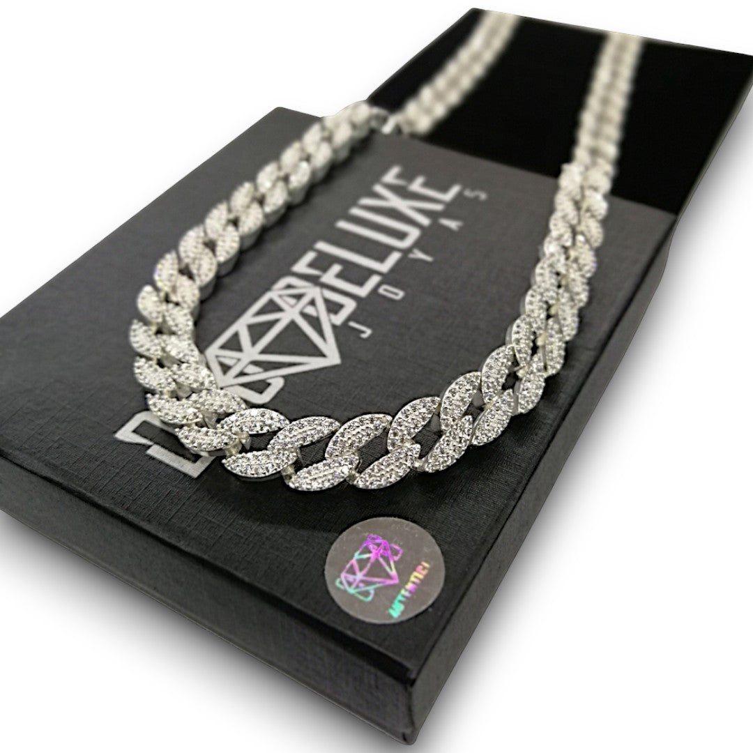 Unisex | Collar Cadena Tejido Barbada Cubana Diamantada Con Zirconias - 10 mm x 50 cm, Para Hombre Y Mujer, De Plata Autentica Ley .925, DUO DELUXE JOYAS