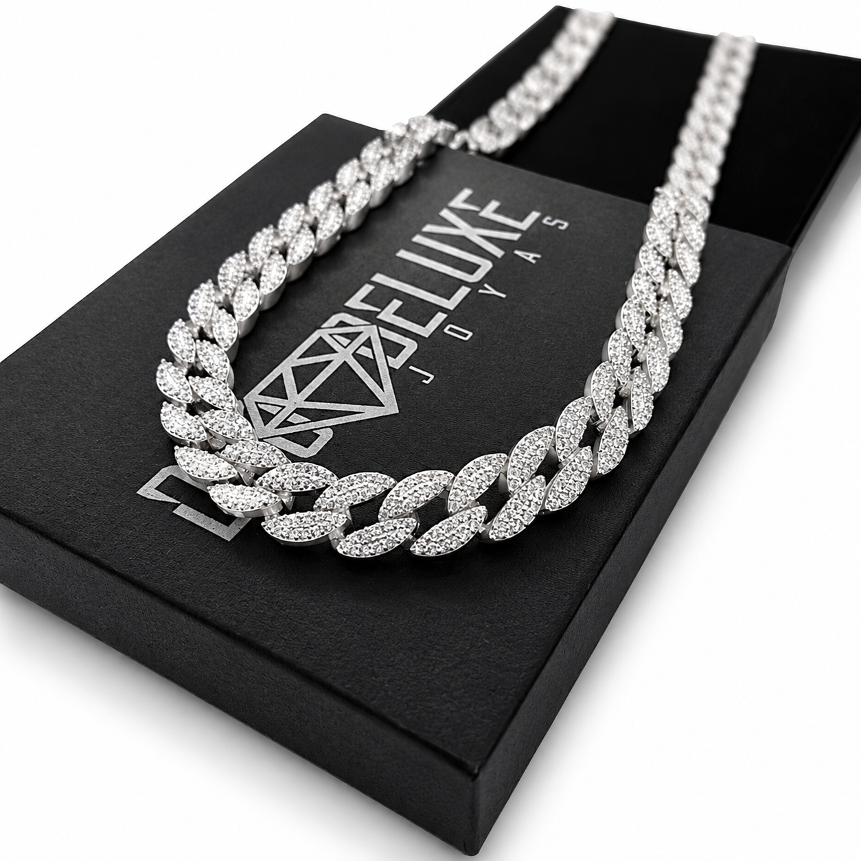 Unisex | Collar Cadena Tejido Barbada Cubana Diamantada Con Zirconias - 10 mm x 50 cm, Para Hombre Y Mujer, De Plata Autentica Ley .925, DUO DELUXE JOYAS