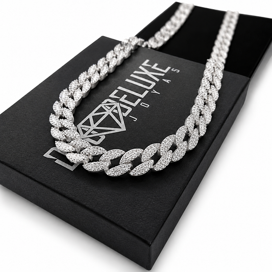 Unisex | Collar Cadena Tejido Barbada Cubana Diamantada Con Zirconias - 10 mm x 45 cm, Para Hombre Y Mujer, De Plata Autentica Ley .925, DUO DELUXE JOYAS