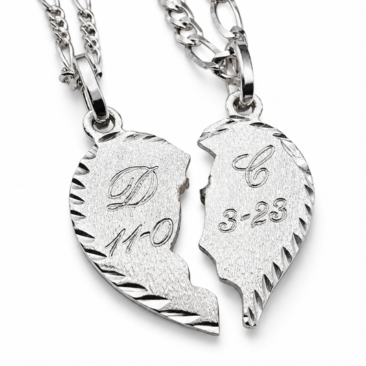 Parejas | Duo Collares Con Dijes De Corazon Personalizados Con Grabado, Para Parejas, De Plata Autentica Ley.925 DUO DELUXE JOYAS