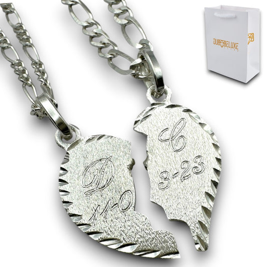 Parejas | Duo Collares Con Dijes De Corazon Personalizados Con Grabado, Para Parejas, De Plata Autentica Ley.925 DUO DELUXE JOYAS