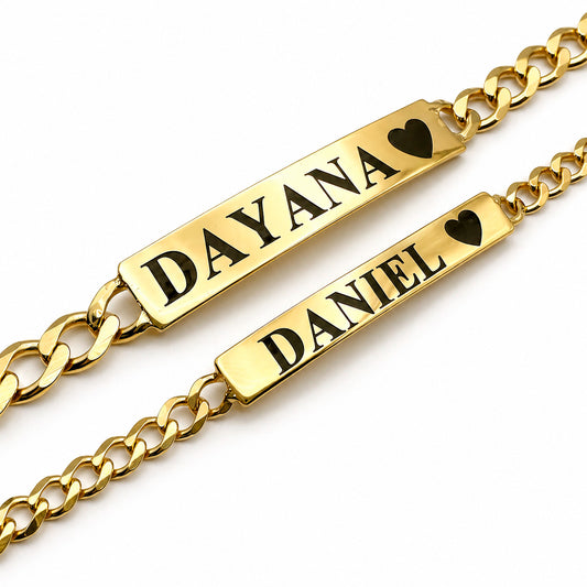Parejas | Duo De Esclavas Tejido Barbada Cubana Para Parejas, De Plata Autentica Ley .925 Con Baño De Oro Italiano 24k, Con Grabado, DUO DELUXE JOYAS
