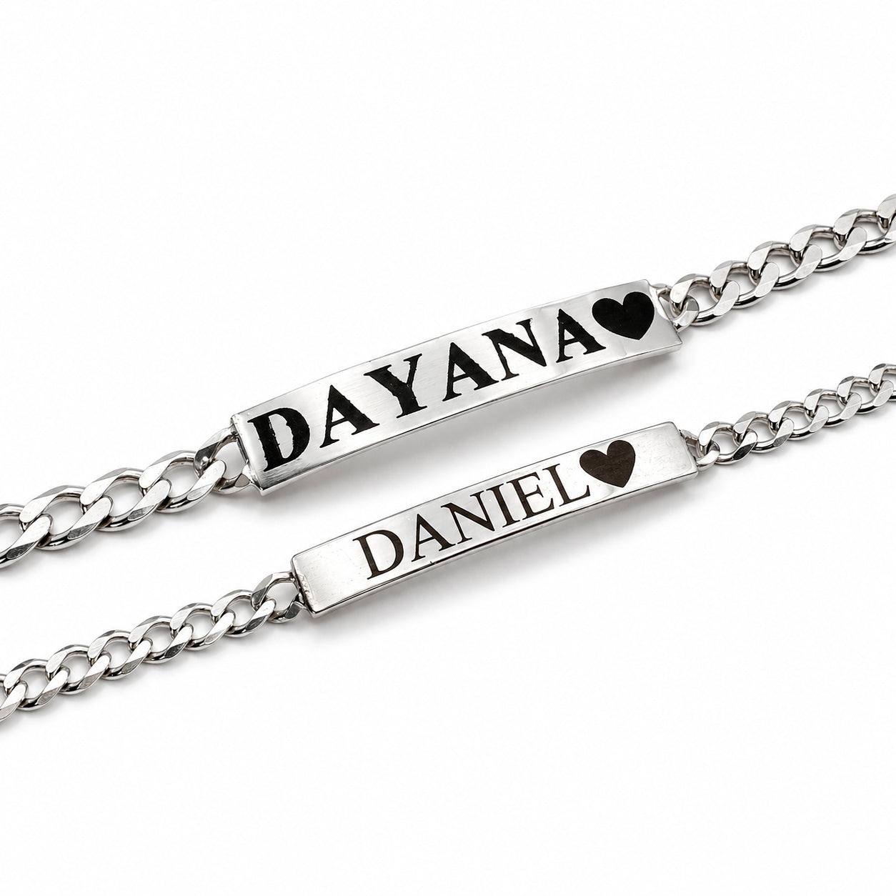 Parejas | Duo De Esclavas Tejido Barbada Cubana Lisa Para Parejas, De Plata Autentica Ley .925, Con Grabado, DUO DELUXE JOYAS