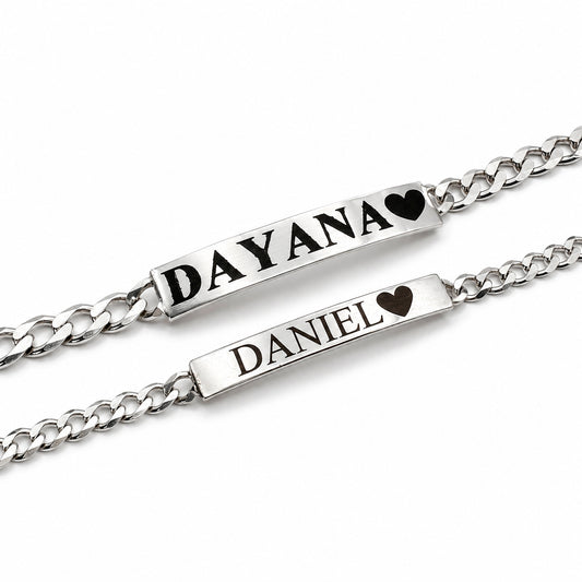 Parejas | Duo De Esclavas Tejido Barbada Cubana Lisa Para Parejas, De Plata Autentica Ley .925, Con Grabado, DUO DELUXE JOYAS