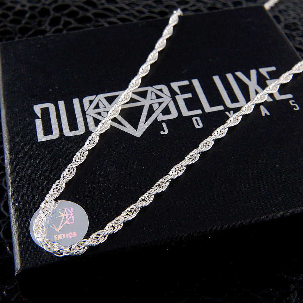 Unisex | Cadena Tejido Torzal Hueco - 3 mm x 60 cm, Collar Para Hombre Y Mujer, De Plata Autentica Ley .925, DUO DELUXE JOYAS