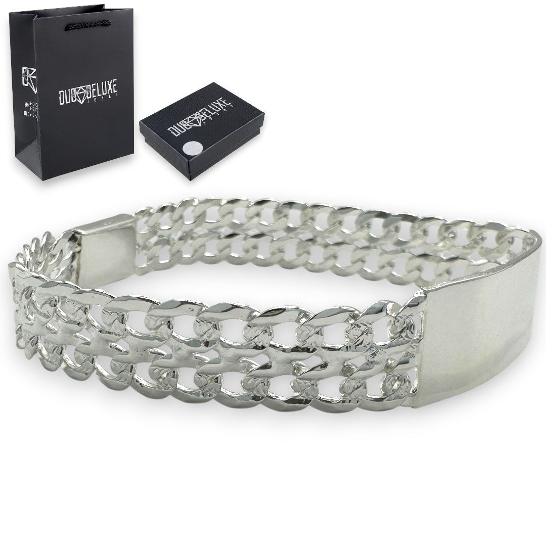 Unisex | Esclava Tejido Barbada Cubana Diamantada Doble Eslabón 13 mm, Pulsera Para Hombre Y Mujer, De Plata Autentica Ley .925, Con Grabado, DUO DELUXE JOYAS