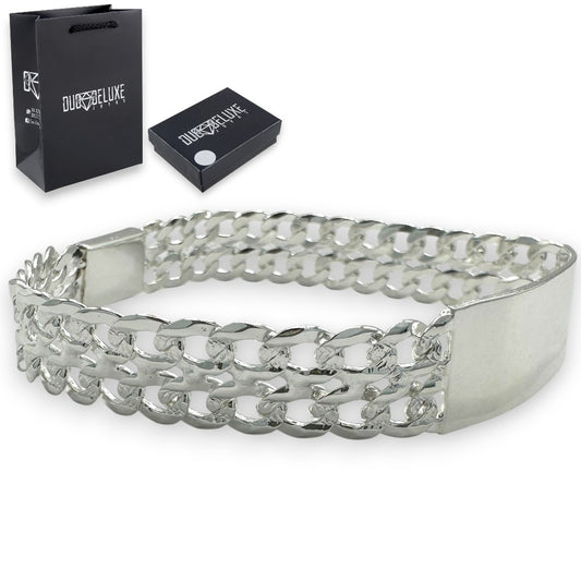 Unisex | Esclava Tejido Barbada Cubana Diamantada Doble Eslabón 13 mm, Pulsera Para Hombre Y Mujer, De Plata Autentica Ley .925, Con Grabado, DUO DELUXE JOYAS