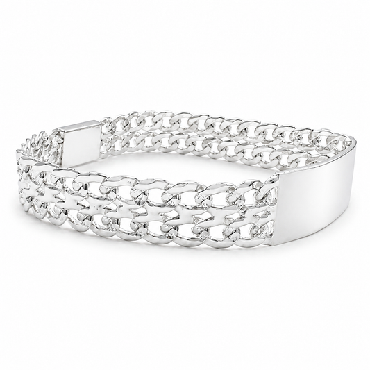 Unisex | Esclava Tejido Barbada Cubana Diamantada Doble Eslabón 13 mm, Pulsera Para Hombre Y Mujer, De Plata Autentica Ley .925, Con Grabado, DUO DELUXE JOYAS