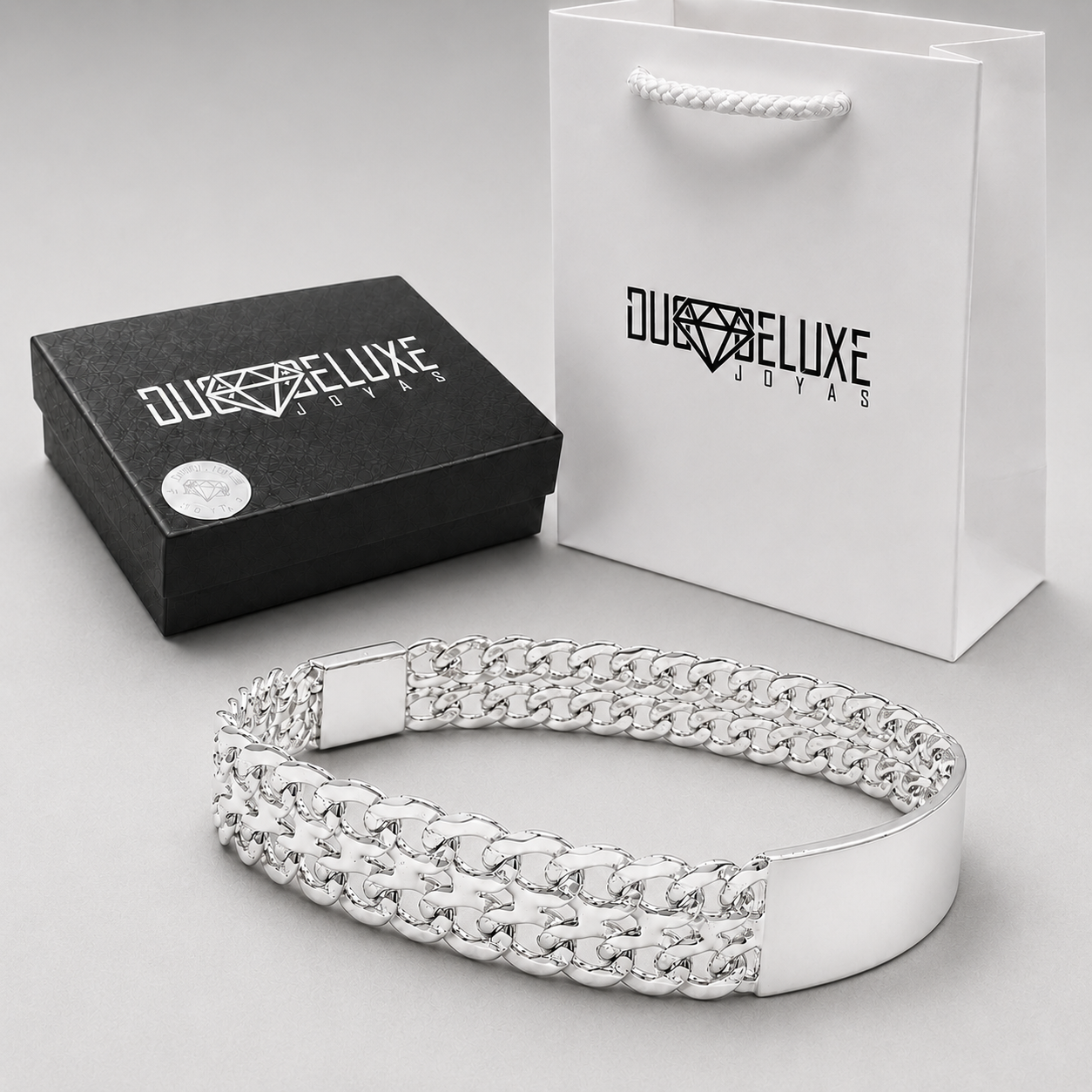 Unisex | Esclava Tejido Barbada Cubana Diamantada Doble Eslabón 13 mm, Pulsera Para Hombre Y Mujer, De Plata Autentica Ley .925, Con Grabado, DUO DELUXE JOYAS