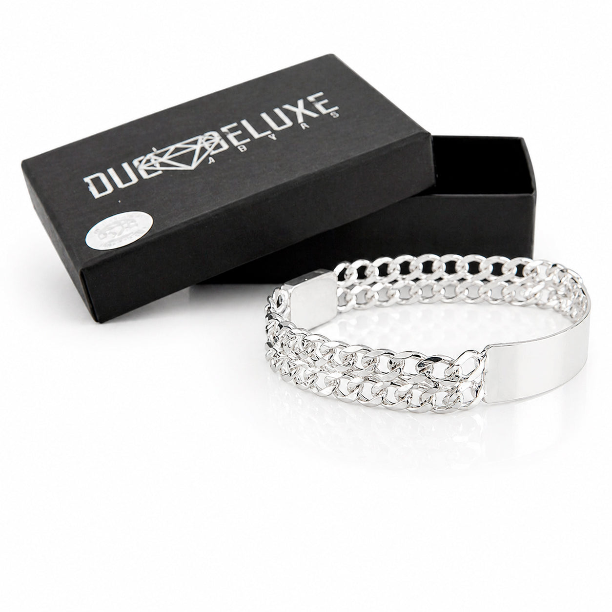 Unisex | Esclava Tejido Barbada Cubana Diamantada Doble Eslabón 13 mm, Pulsera Para Hombre Y Mujer, De Plata Autentica Ley .925, Con Grabado, DUO DELUXE JOYAS