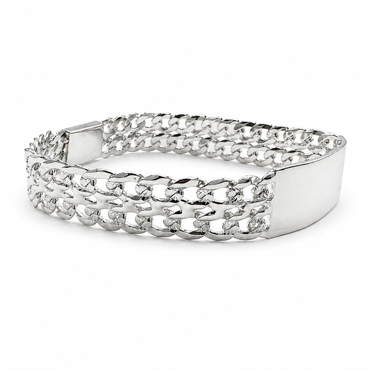 Unisex | Esclava Tejido Barbada Cubana Diamantada Doble Eslabón 13 mm, Pulsera Para Hombre Y Mujer, De Plata Autentica Ley .925, Con Grabado, DUO DELUXE JOYAS