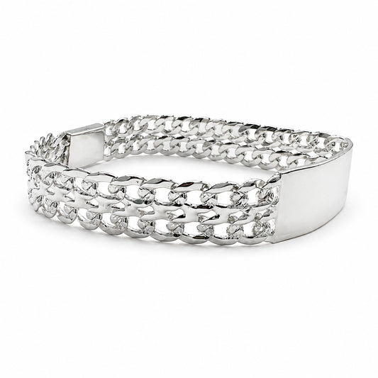 Unisex | Esclava Tejido Barbada Cubana Diamantada Doble Eslabón 13 mm, Pulsera Para Hombre Y Mujer, De Plata Autentica Ley .925, Con Grabado, DUO DELUXE JOYAS