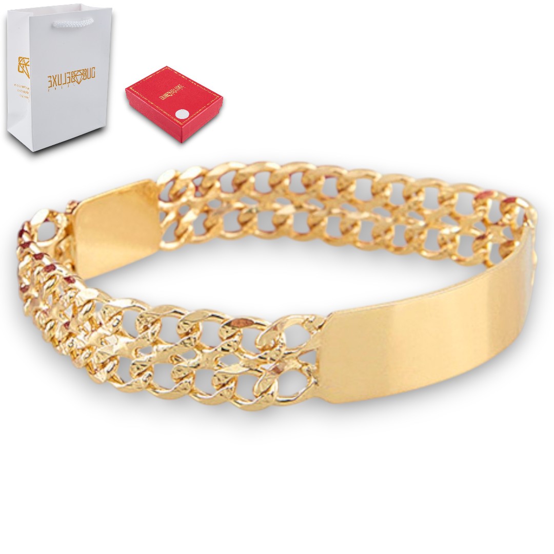 Unisex | Esclava Tejido Barbada Cubana Diamantada Doble Eslabon 13 mm, Pulsera Para Hombre Y Mujer, De Plata Autentica Ley .925 Con Baño De Oro Italiano 24k, Con Grabado, DUO DELUXE JOYAS