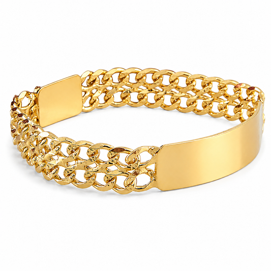 Unisex | Esclava Tejido Barbada Cubana Diamantada Doble Eslabon 13 mm, Pulsera Para Hombre Y Mujer, De Plata Autentica Ley .925 Con Baño De Oro Italiano 24k, Con Grabado, DUO DELUXE JOYAS