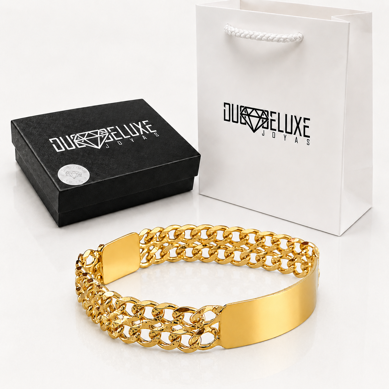 Unisex | Esclava Tejido Barbada Cubana Diamantada Doble Eslabon 13 mm, Pulsera Para Hombre Y Mujer, De Plata Autentica Ley .925 Con Baño De Oro Italiano 24k, Con Grabado, DUO DELUXE JOYAS