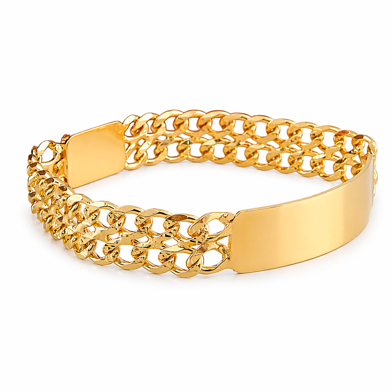 Unisex | Esclava Tejido Barbada Cubana Diamantada Doble Eslabon 13 mm, Pulsera Para Hombre Y Mujer, De Plata Autentica Ley .925 Con Baño De Oro Italiano 24k, Con Grabado, DUO DELUXE JOYAS