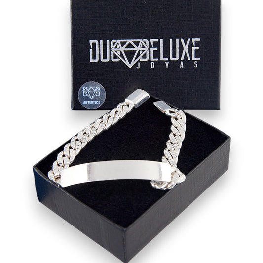 Unisex | Esclava Tejido Barbada Cubana Diamantada HM 8 mm, Pulsera Para Hombre Y Mujer, De Plata Autentica Ley .925, Con Grabado, DUO DELUXE JOYAS