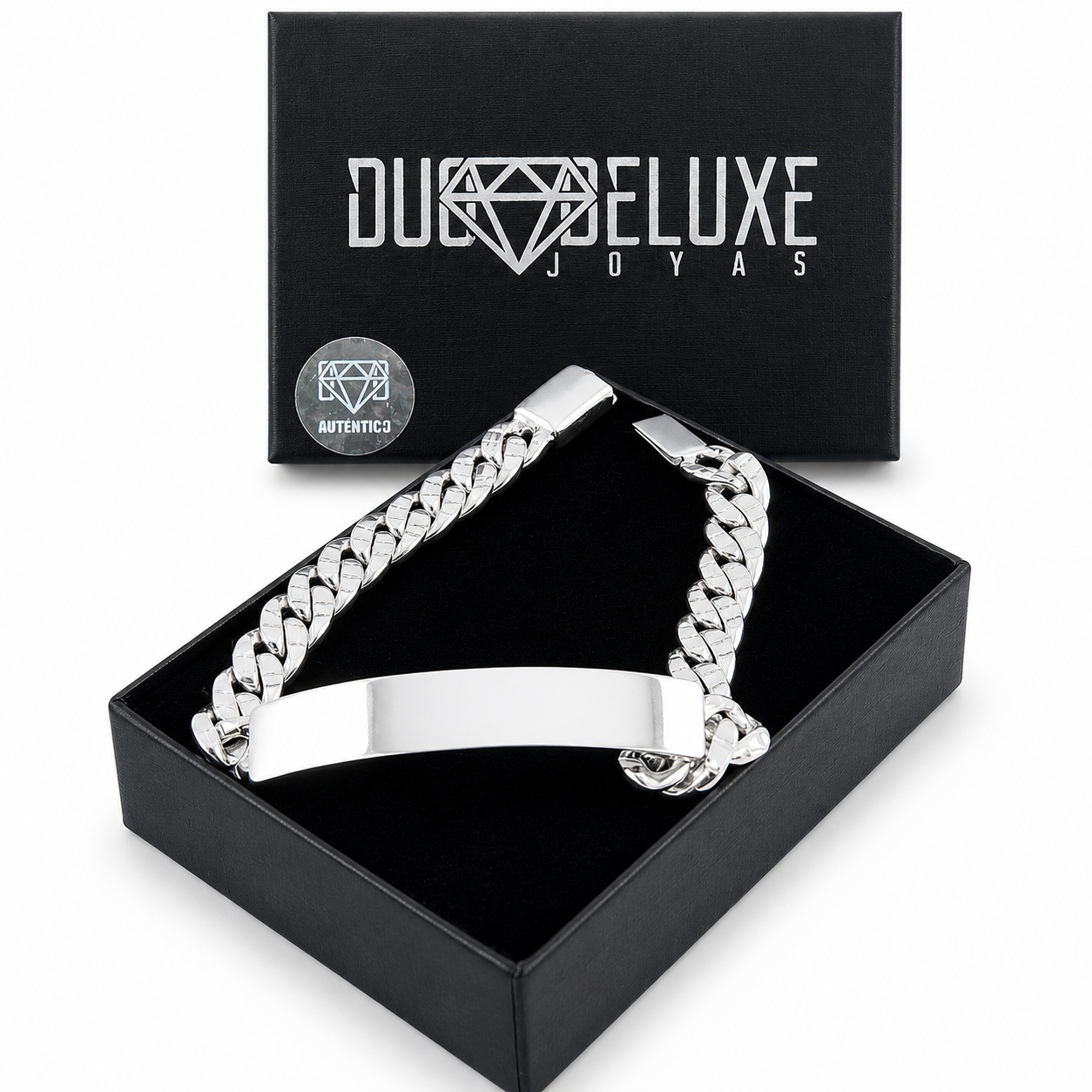 Unisex | Esclava Tejido Barbada Cubana Diamantada HM 8 mm, Pulsera Para Hombre Y Mujer, De Plata Autentica Ley .925, Con Grabado, DUO DELUXE JOYAS