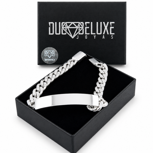 Unisex | Esclava Tejido Barbada Cubana Diamantada HM 8 mm, Pulsera Para Hombre Y Mujer, De Plata Autentica Ley .925, Con Grabado, DUO DELUXE JOYAS