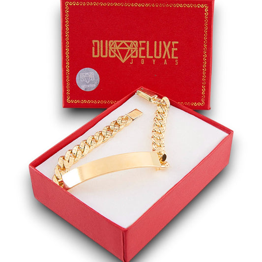 Unisex | Esclava Tejido Barbada Cubana Diamantada HM 8 mm, Pulsera Para Hombre Y Mujer, De Plata Autentica Ley .925 Con Baño De Oro Italiano 24k, Con Grabado, DUO DELUXE JOYAS