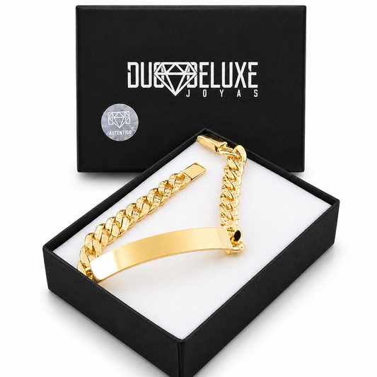 Unisex | Esclava Tejido Barbada Cubana Diamantada HM 8 mm, Pulsera Para Hombre Y Mujer, De Plata Autentica Ley .925 Con Baño De Oro Italiano 24k, Con Grabado, DUO DELUXE JOYAS