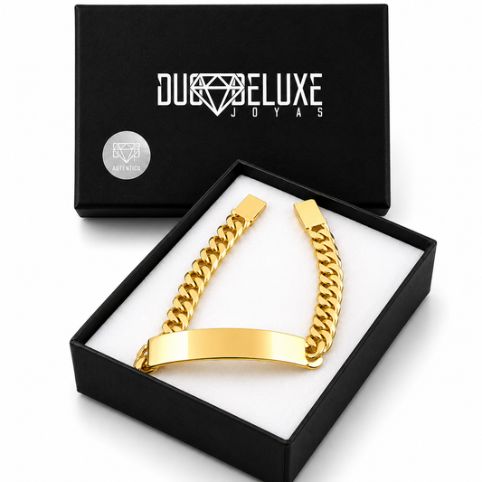 Unisex | Esclava Tejido Barbada Cubana HM Lisa 7 mm, Pulsera Para Hombre Y Mujer, De Plata Autentica Ley .925 Con Baño De Oro Italiano 24k, Con Grabado, DUO DELUXE JOYAS