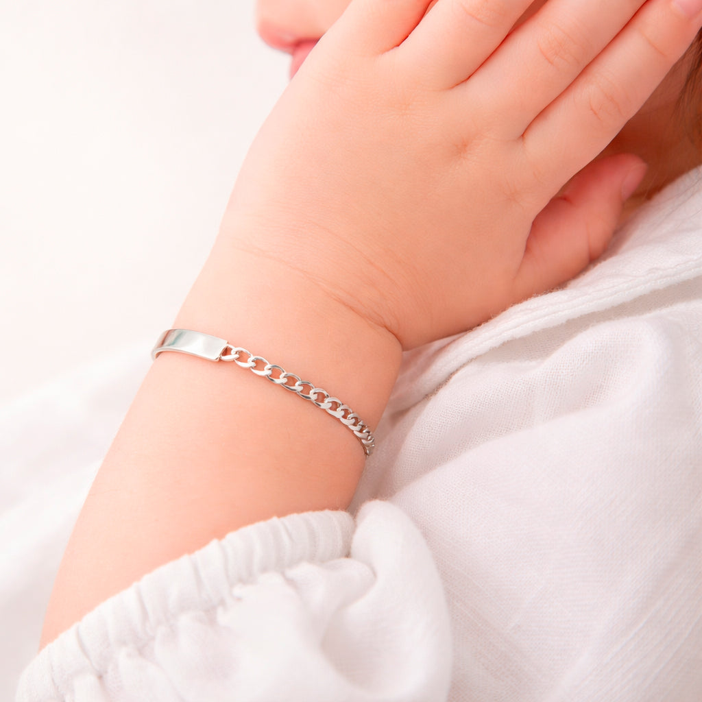 Bebé | Esclava Tejido Barbada Cubana Lisa 3 mm, Pulsera Para Bebé, De Plata Autentica Ley .925, Con Grabado, DUO DELUXE JOYAS